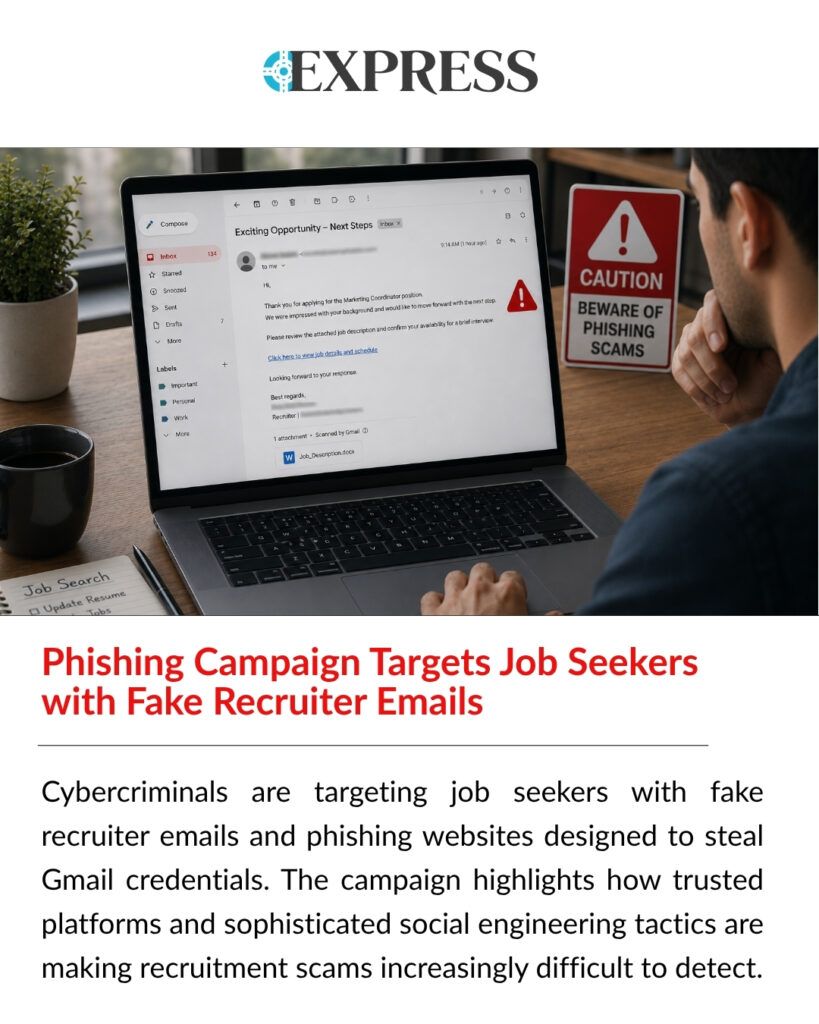 Fake recruiter emails used in a phishing campaign to direct job seekers to fake career portals and steal Gmail credentials.