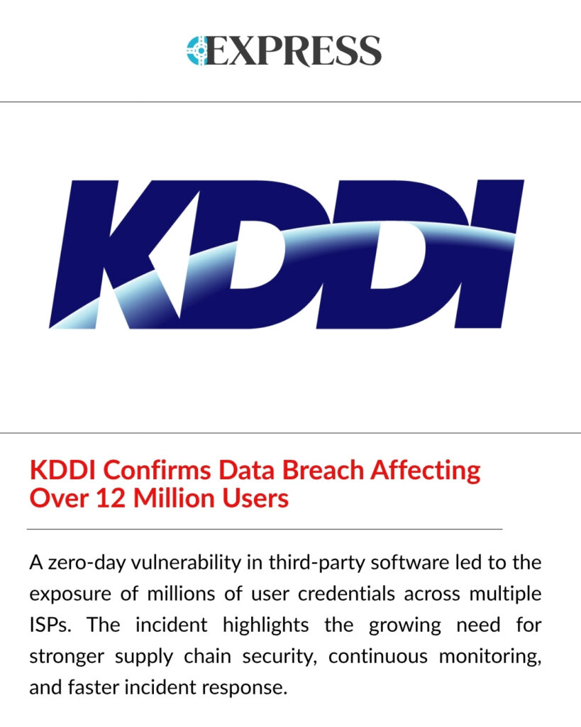 Zero-day vulnerability leads to KDDI data breach affecting over 12 million users and exposing email credentials.