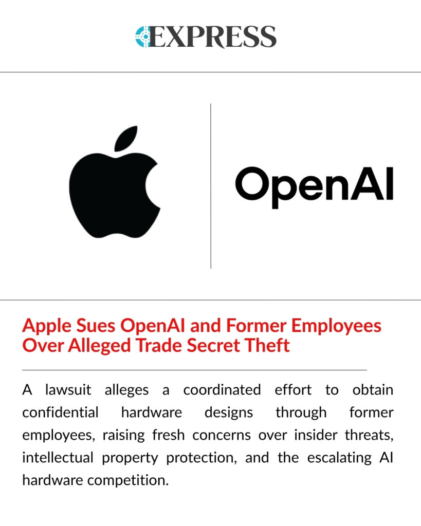 Trade secret theft lawsuit filed by Apple against OpenAI over alleged theft of confidential hardware designs and proprietary information.