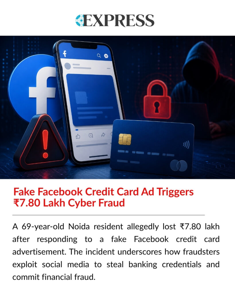 Credit card fraud linked to a fake Facebook advertisement that caused a Noida resident to lose ₹7.80 lakh in an online banking scam.