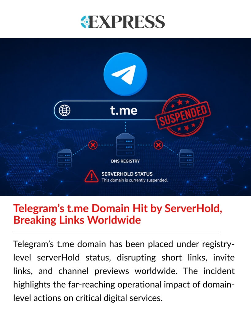 Telegram's t.me domain affected by serverHold status, causing worldwide disruption to channel invitation links and web previews.