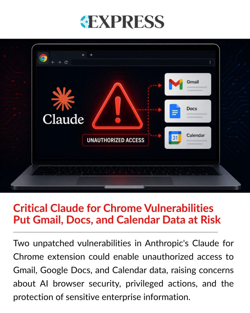 Claude for Chrome vulnerabilities exposing Gmail, Google Docs, and Google Calendar data through AI browser extension flaws.